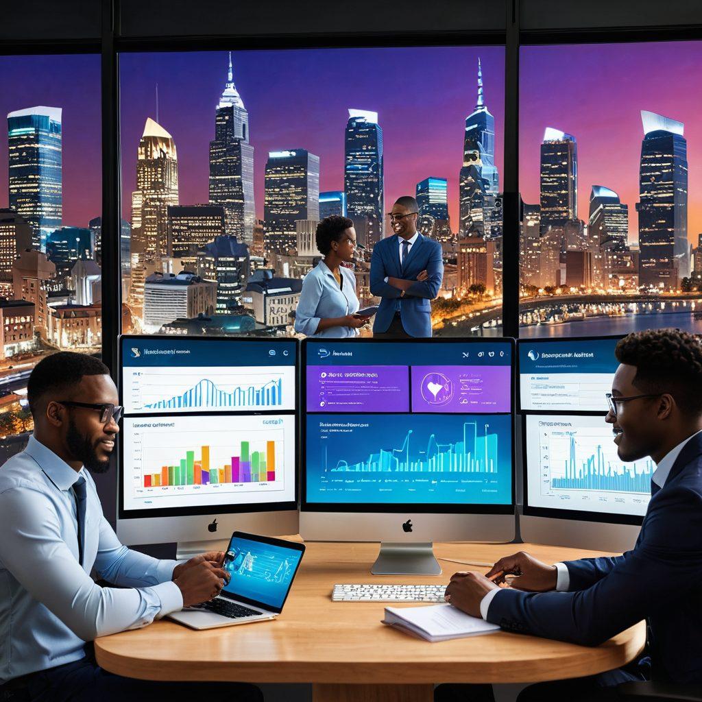 A diverse group of people examining a digital insurance marketplace on multiple devices, with a bright, friendly interface displaying various insurance quotes. Include a cityscape background showing a blend of urban and rural environments. Add playful charts and icons representing savings and coverage options. Ensure a sense of collaboration and exploration among the individuals. vibrant colors. 3D.