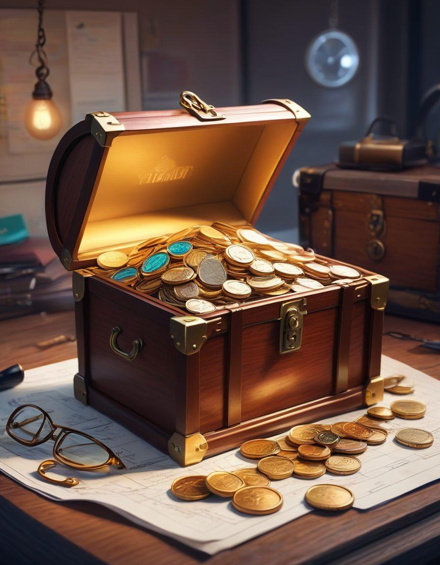An open treasure chest filled with shiny coins representing affordable insurance, surrounded by floating question marks and magnifying glasses. In the background, illustrated charts and quote bubbles display various insurance options. A golden key glows above the chest, symbolizing unlocking secrets. The scene should evoke curiosity and make the viewer feel empowered to explore their insurance options. vibrant colors. cartoonish style.