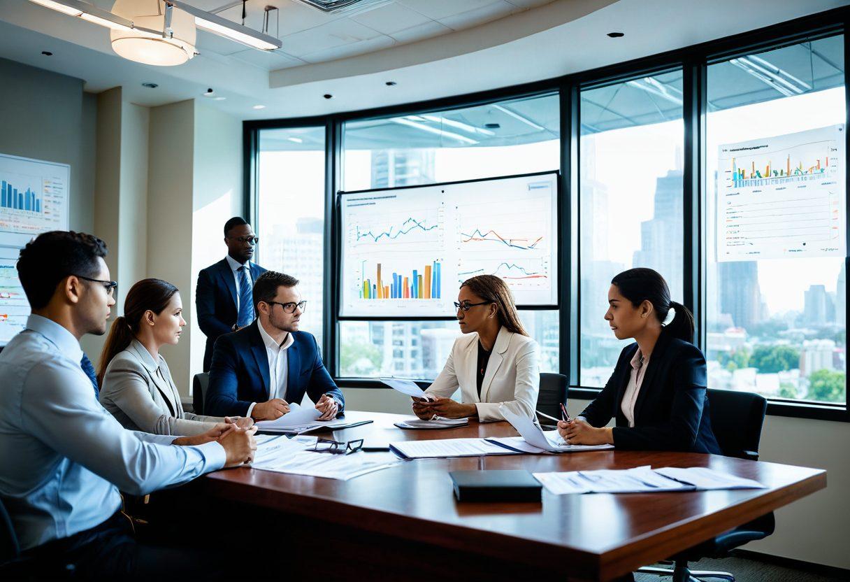 A diverse group of people discussing insurance solutions around a large table filled with documents, calculators, and laptops, set in a bright office space with charts and graphs on the walls. Emphasize unity and collaboration among them, showcasing a sense of empowerment and strategy. Soft natural lighting filtering through large windows. super-realistic. vibrant colors. professional atmosphere.